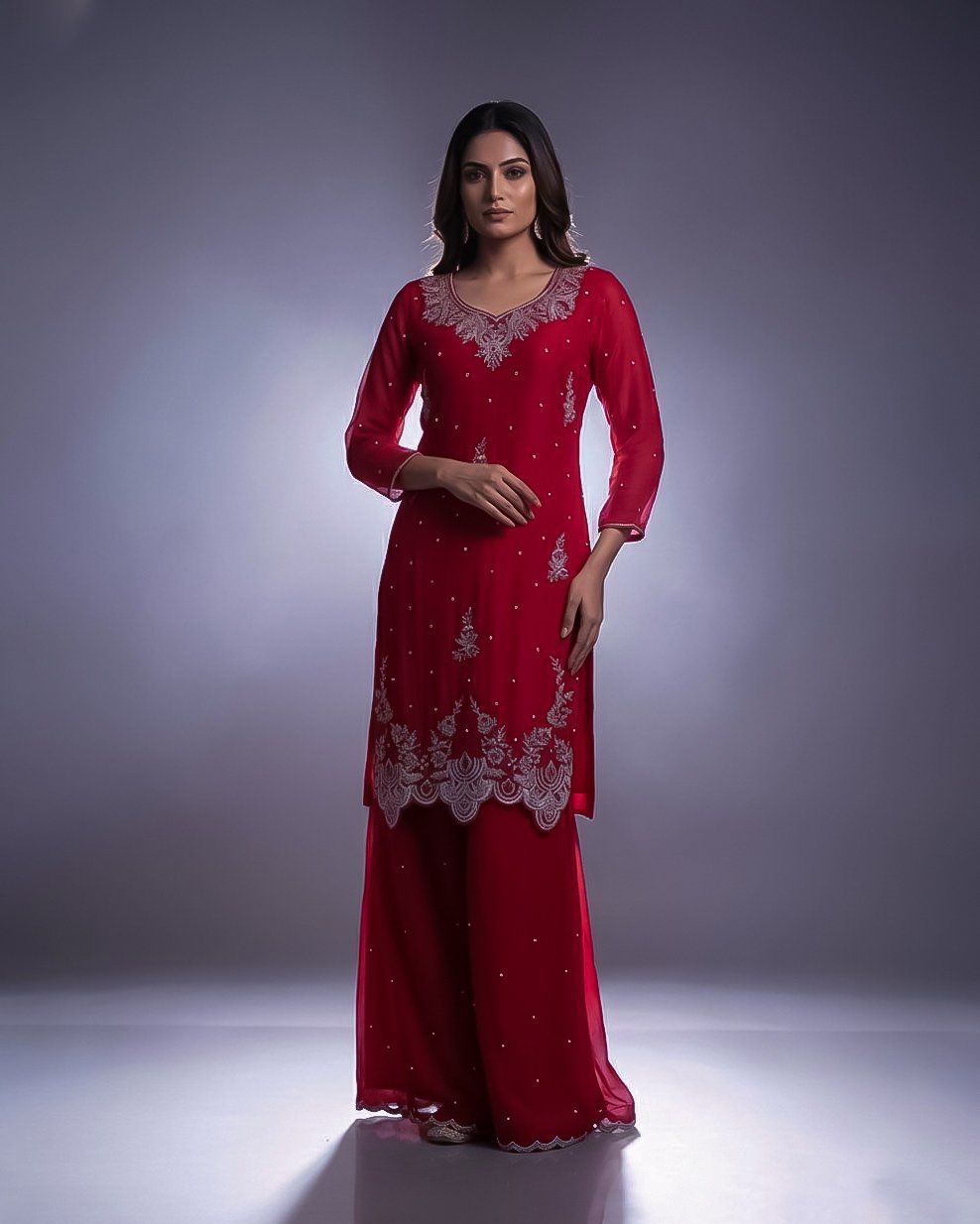 LA00180-Three piece set partywear-Fabric-Chinone-Hand work-Color-Magenta-Size-(L XL XXL XXXL)