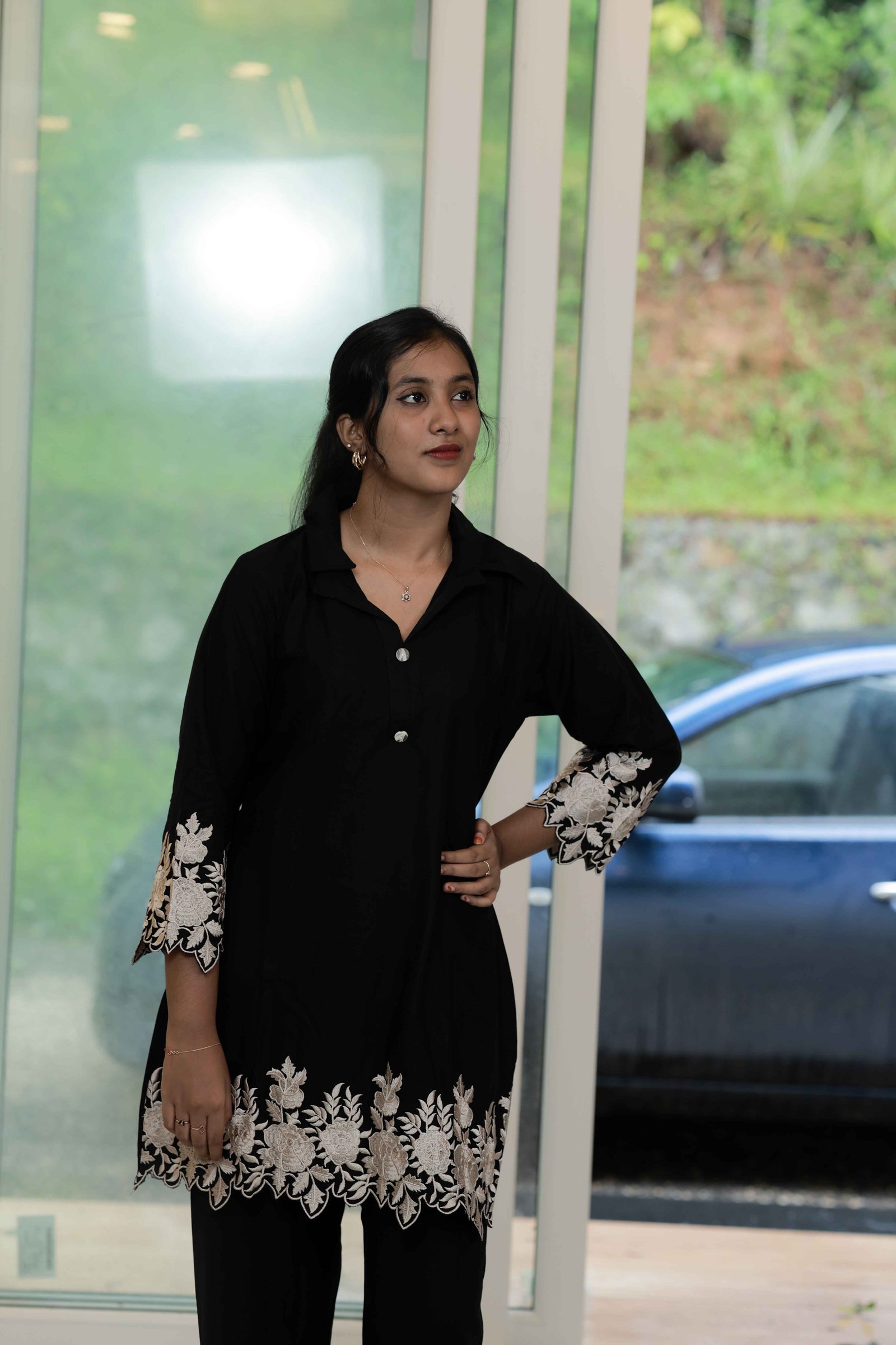 LA00098-Co-ord Set Fabric - Soft Cotton Thread Work Color - Black / Peacock Black (M, L, XL)