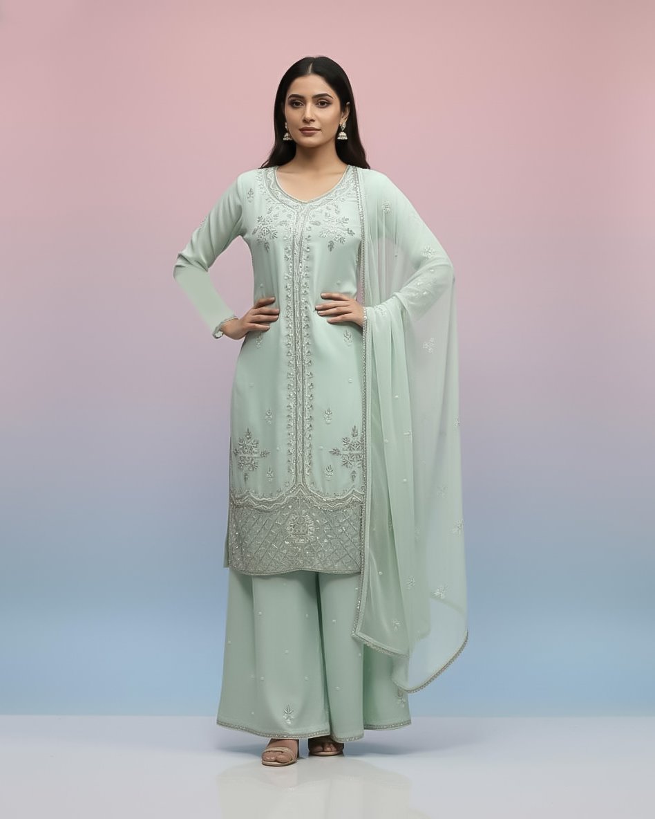 LA00179-Partywear Three piece set-Fabric-Chinone-Color-Mint green-Hand work-Size-(L XL XXL XXXL)