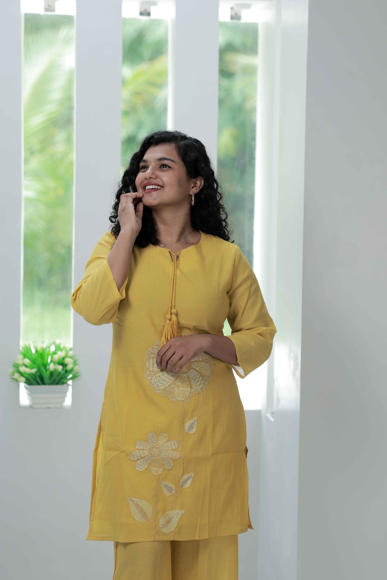 LA00103-Co-ord set Fabric - Chinon - Mustard Yellow - Embroidery (M, L, XL, XXL)