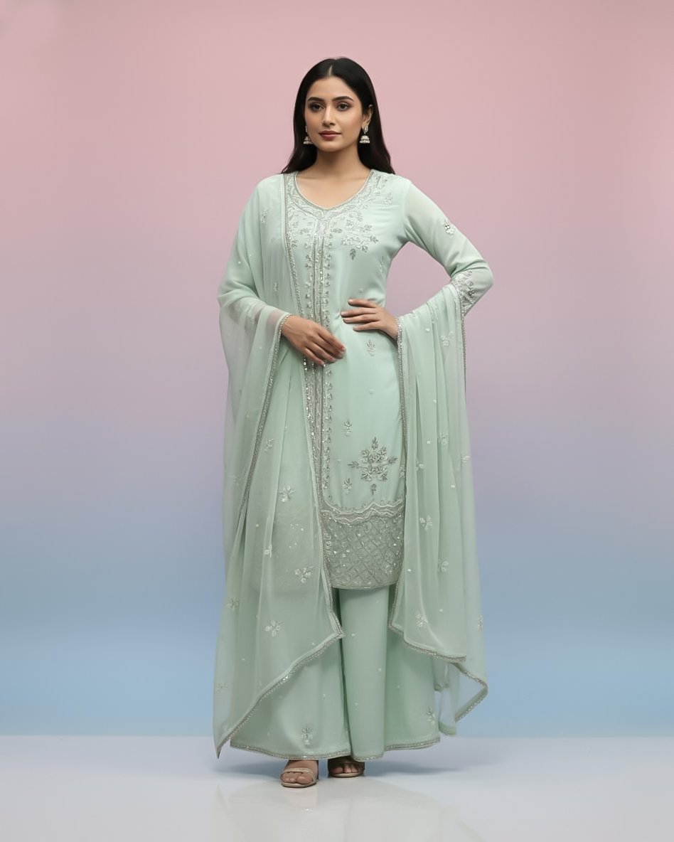 LA00179-Partywear Three piece set-Fabric-Chinone-Color-Mint green-Hand work-Size-(L XL XXL XXXL)