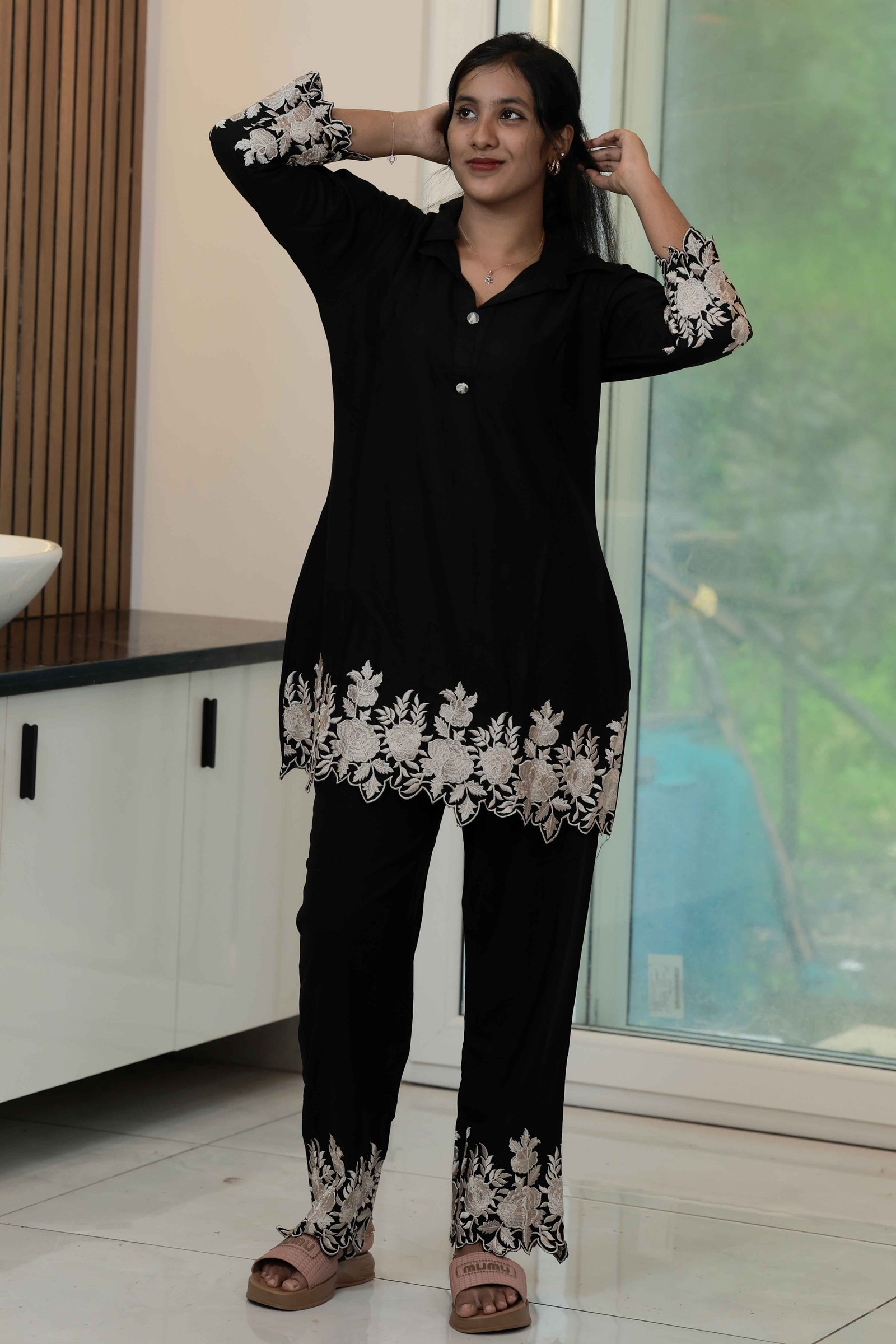 LA00098-Co-ord Set Fabric - Soft Cotton Thread Work Color - Black / Peacock Black (M, L, XL)