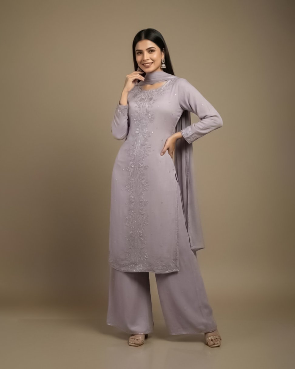 LA00181-Partywear Three piece set-Fabric-Chinone-Hand worked-Color-Lilac-Size-(L XL XXL XXXL)